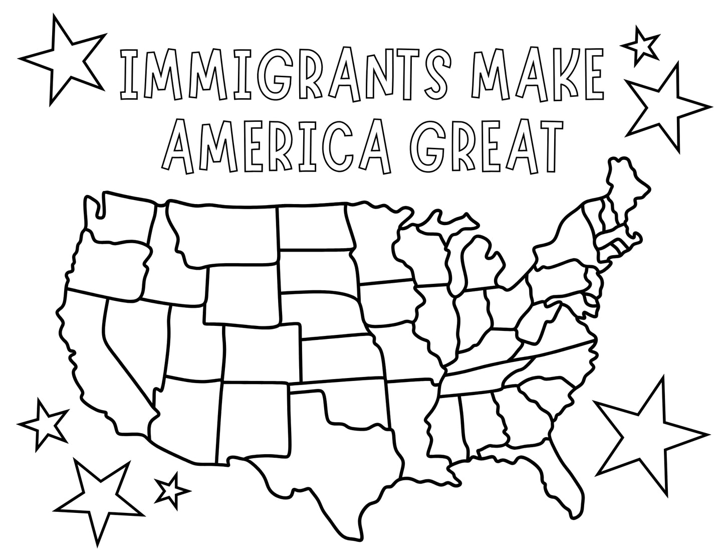 Map of the United States with 'Immigrants Make America Great' text and stars.