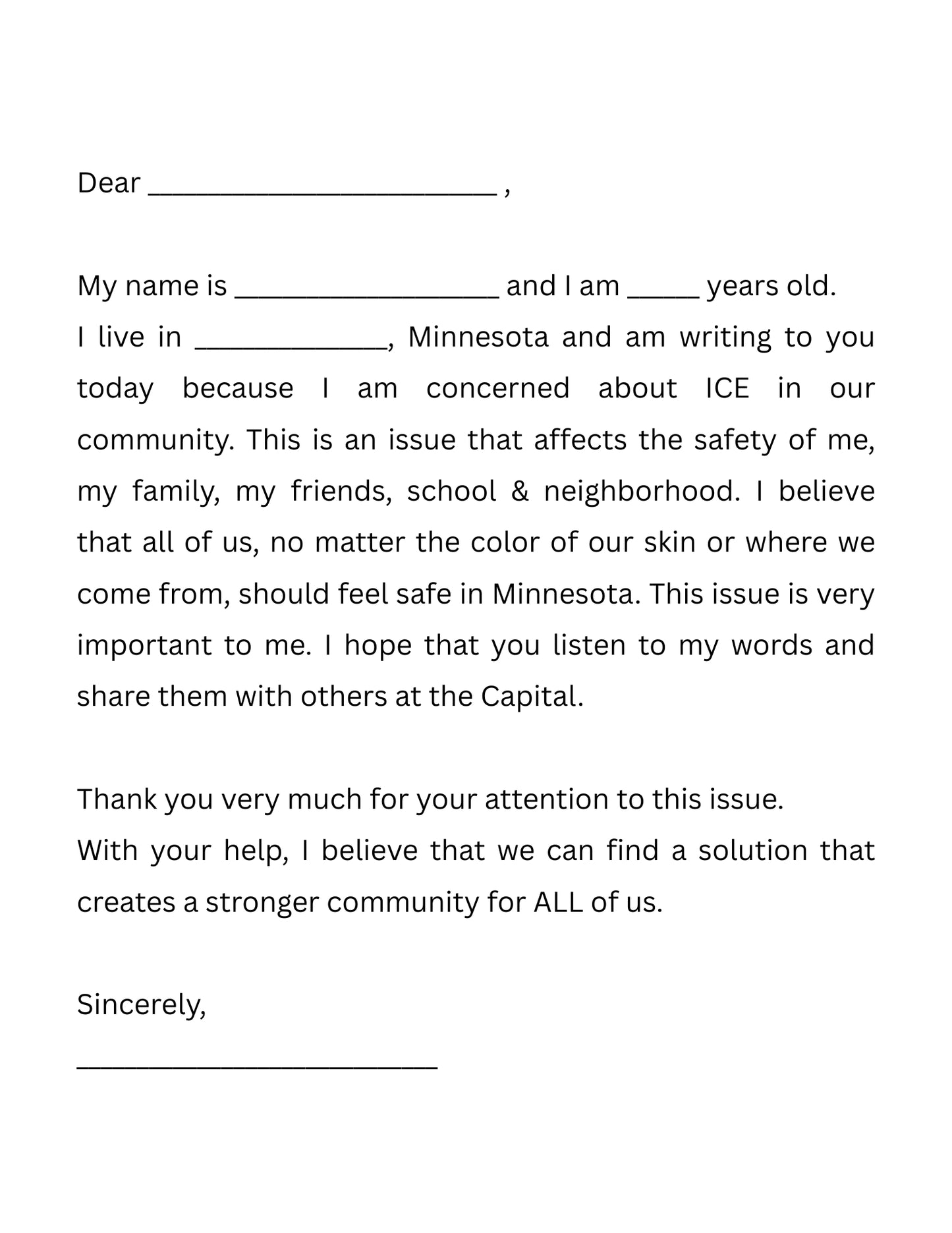 Kids Letter to Representative (MN)
