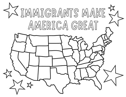 Map of the United States with 'Immigrants Make America Great' text and stars.