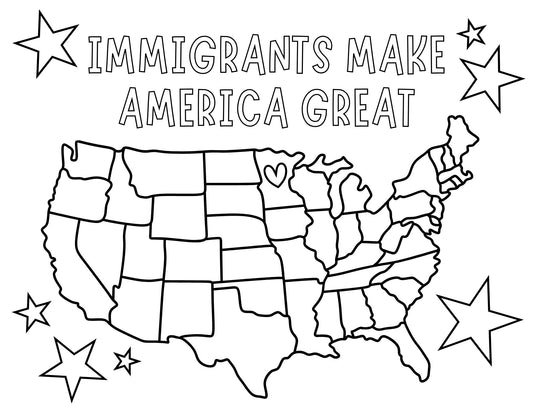 Map of the United States with 'Immigrants Make America Great' text and stars. Heart in MN.