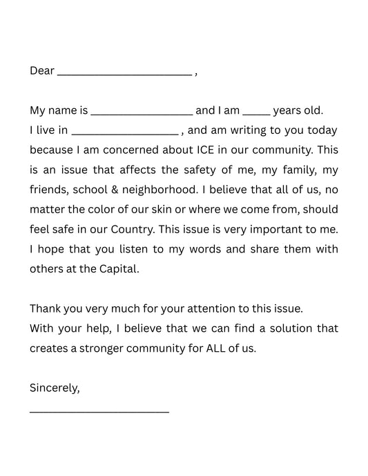 Letter template about concerns regarding ICE in a community, with blanks for personal information.