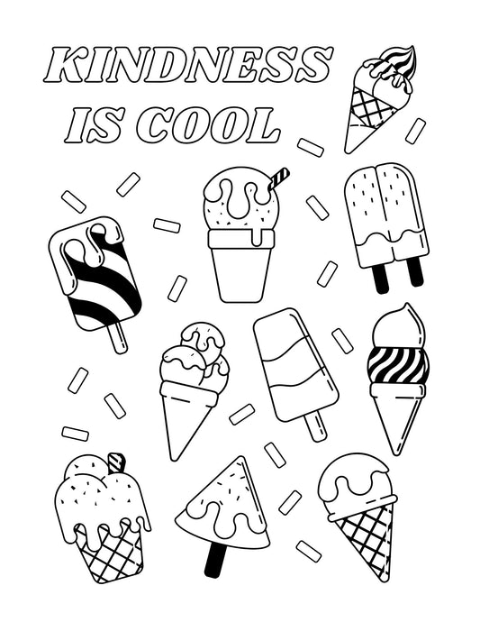 Illustrations of ice cream cones and popsicles with 'Kindness is Cool' text on a white background