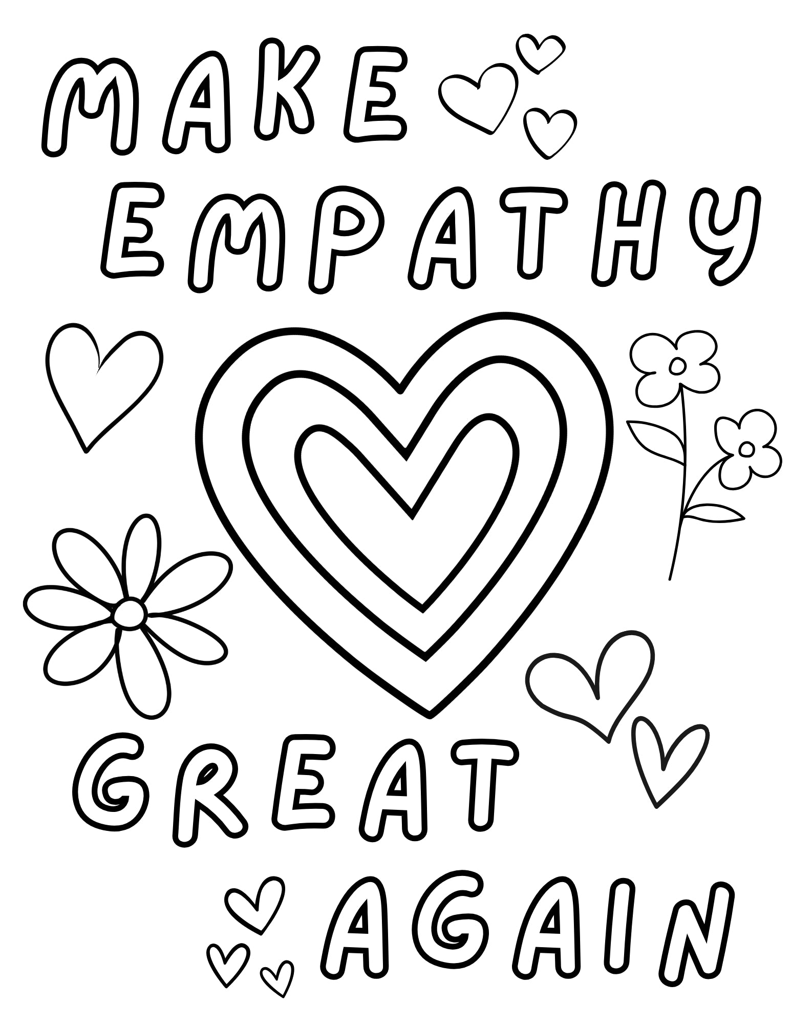 Coloring page with 'Make Empathy Great Again' text and heart design.