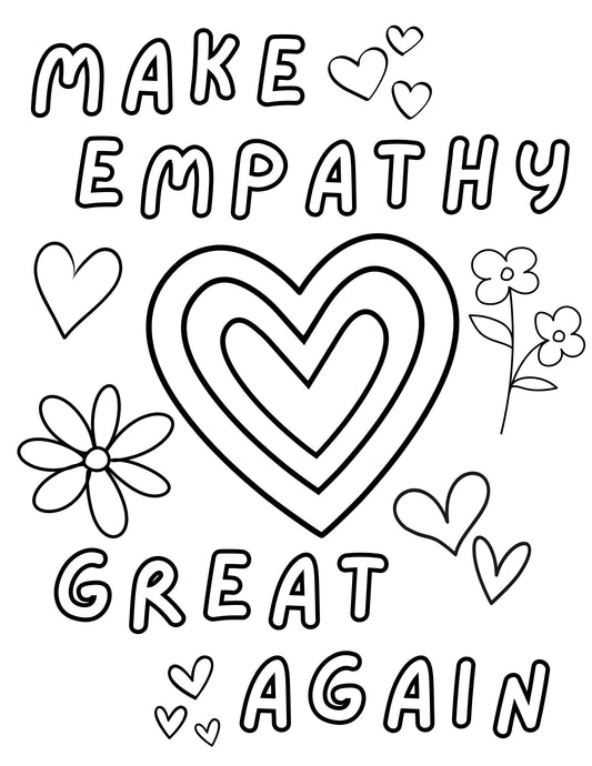 Coloring page with 'Make Empathy Great Again' text and heart design.